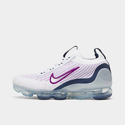 Shop Nike Big Kids' Air Vapormax 2021 Flyknit Running Shoes In White/midnight Navy/violet Frost/metallic Silver