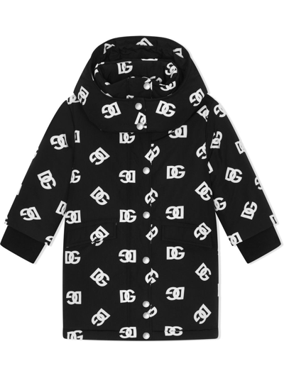 Dolce & Gabbana Dg-logo Hooded Down Coat In Black