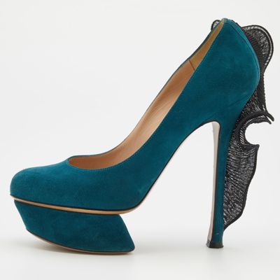 Pre-owned Nicholas Kirkwood Teal Blue/black Suede And Ruffle Fabric Platform Pumps Size 37