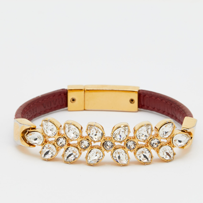 Pre-owned Prada Chic Crystals Red Leather Gold Tone Bracelet S
