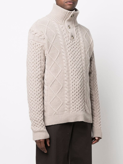 Shop Nanushka Button-collar Cable-knit Jumper In Neutrals