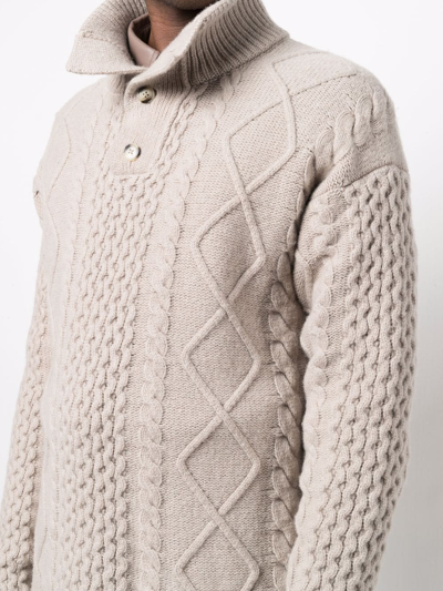 Shop Nanushka Button-collar Cable-knit Jumper In Neutrals