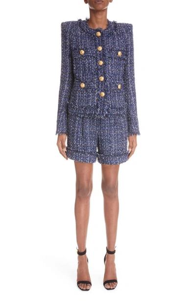 Shop Balmain Pleated Tweed Shorts In Multi-blue