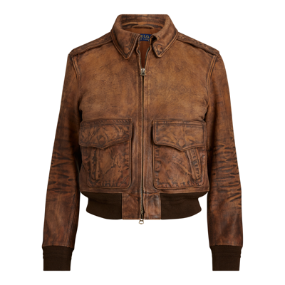 Pre-owned Polo Ralph Lauren Women's  Distressed Painted Leather Bomber Jacket $998 In Brown