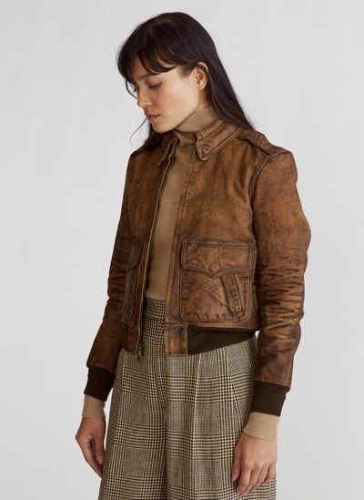 Pre-owned Polo Ralph Lauren Women's Distressed Painted Leather Bomber Jacket  $998 In Brown | ModeSens
