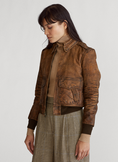 Pre-owned Polo Ralph Lauren Women's  Distressed Painted Leather Bomber Jacket $998 In Brown