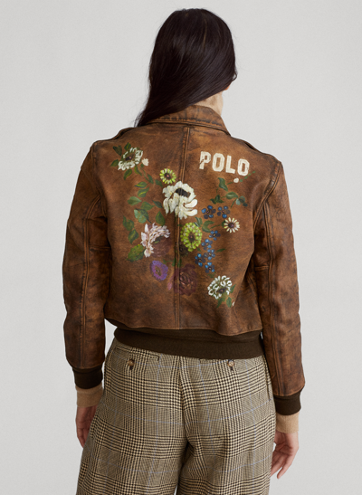 Pre-owned Polo Ralph Lauren Women's  Distressed Painted Leather Bomber Jacket $998 In Brown