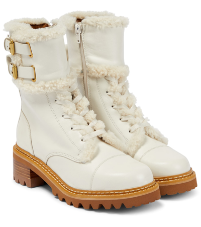 Shop See By Chloé Mallory Shearling-trimmed Leather Ankle Boots In Natural