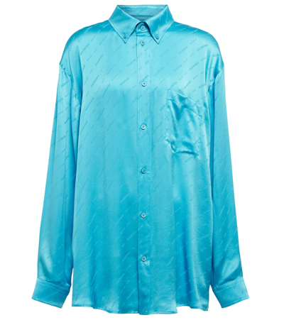 Shop Balenciaga Logo Silk Shirt In Azure