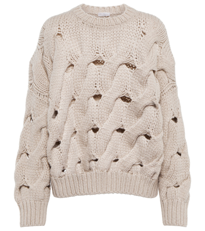 Shop Brunello Cucinelli Openwork Cashmere Sweater In Feather