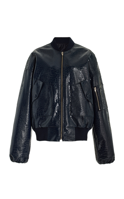 Shop The Frankie Shop Hane Croc-effect Faux Leather Bomber Jacket In Navy