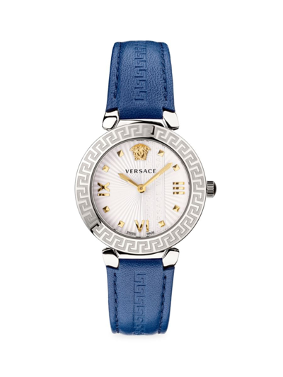 Shop Versace Women's 36mm Stainless Steel & Leather Strap Watch In Sapphire
