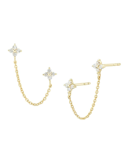 Shop Saks Fifth Avenue Women's 14k Yellow Gold & 0.16 Tcw Diamond Clover Drop Double Piercing Chain Earrings