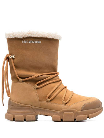 Shop Love Moschino Leather Lace-up Boots In Brown