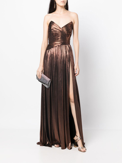 Retroféte Retrofete Waldorf Strapless Metallic Ruched Side-slit A-line Gown In Brown
