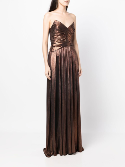 Retroféte Retrofete Waldorf Strapless Metallic Ruched Side-slit A-line Gown In Brown