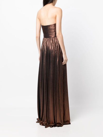 Retroféte Retrofete Waldorf Strapless Metallic Ruched Side-slit A-line Gown In Brown