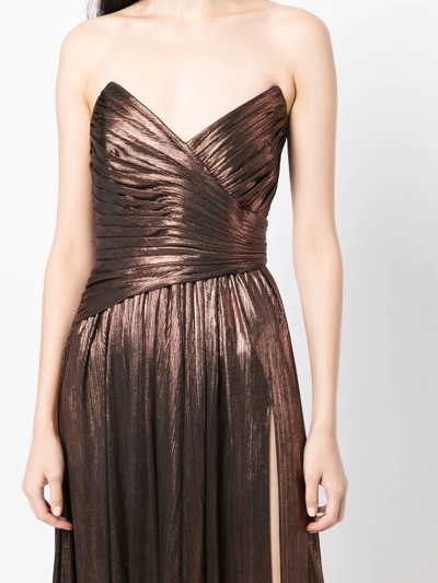 Retroféte Retrofete Waldorf Strapless Metallic Ruched Side-slit A-line Gown In Brown