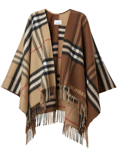 Shop Burberry Contrast Check Fringed Cape In Braun