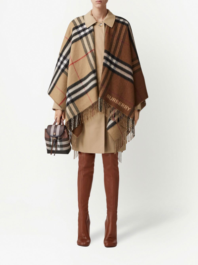 Burberry Contrast Check Fringed Cape In Braun