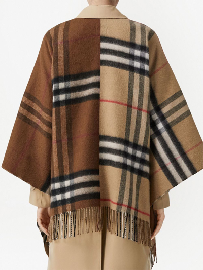 Shop Burberry Contrast Check Fringed Cape In Braun