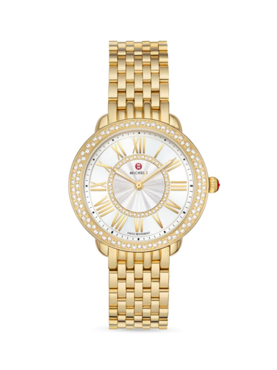 Shop Michele Women's Serein Mid 18k-gold-plated Stainless Steel & Diamond Bracelet Watch
