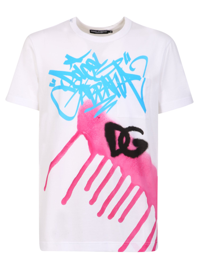 Shop Dolce & Gabbana Graffiti Print Cotton T-shirt. Innovative Graphics, Designed To Make In White