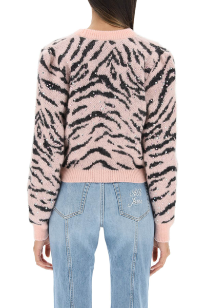 Shop Alessandra Rich Cropped Cardigan With Zebra Motif And Crystals In Multicolor