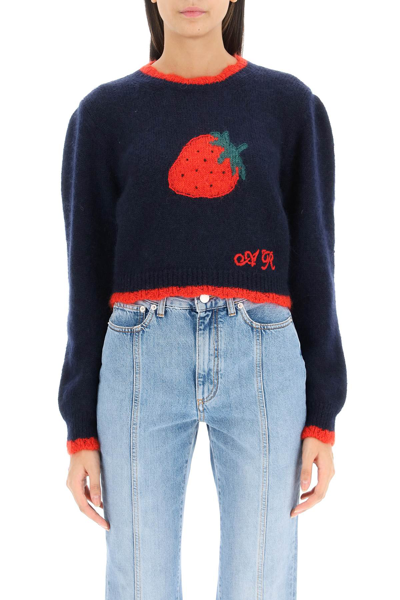 Shop Alessandra Rich Jacquard Strawberry Mohair Blend Sweater In Blue