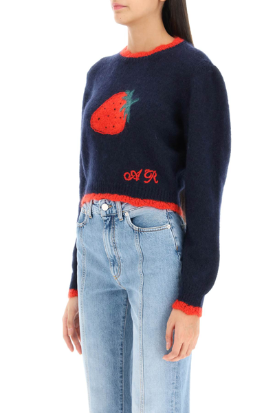 Shop Alessandra Rich Jacquard Strawberry Mohair Blend Sweater In Blue