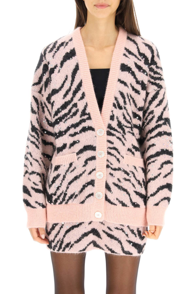 Shop Alessandra Rich Oversized Cardigan With Zebra Motif And Crystals In Multicolor