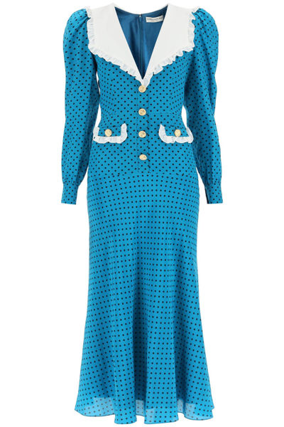 Shop Alessandra Rich Polka-dot Long Dress With Ruffle Details In Blue