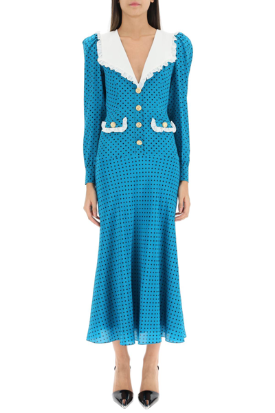 Shop Alessandra Rich Polka-dot Long Dress With Ruffle Details In Blue