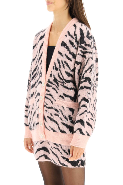 Shop Alessandra Rich Oversized Cardigan With Zebra Motif And Crystals In Multicolor