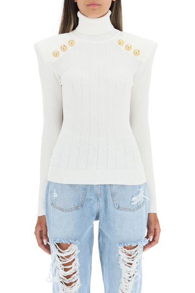 Shop Balmain Turtleneck Knit Top With Buttons In White