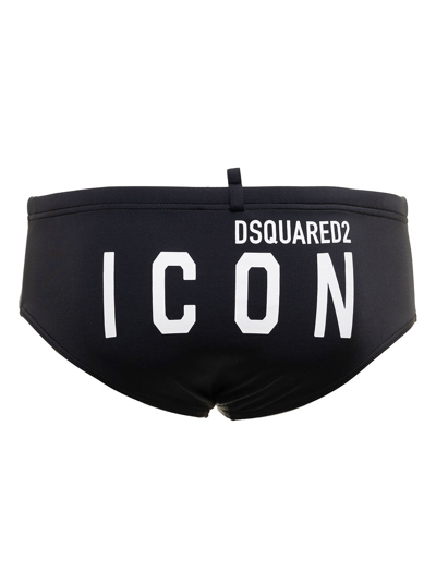 Shop Dsquared2 D-squared2 Man's Stretch Fabric Swim Briefs With Logo Print In Black