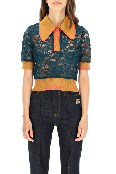 Shop Dolce & Gabbana Lace Polo With Short Sleeves In Green