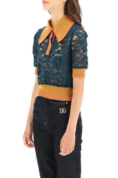 Shop Dolce & Gabbana Lace Polo With Short Sleeves In Green