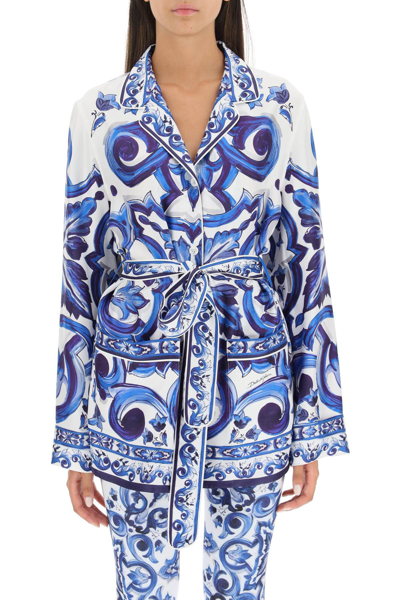 Shop Dolce & Gabbana Majolica Print Silk Shirt With Belt In Multicolor