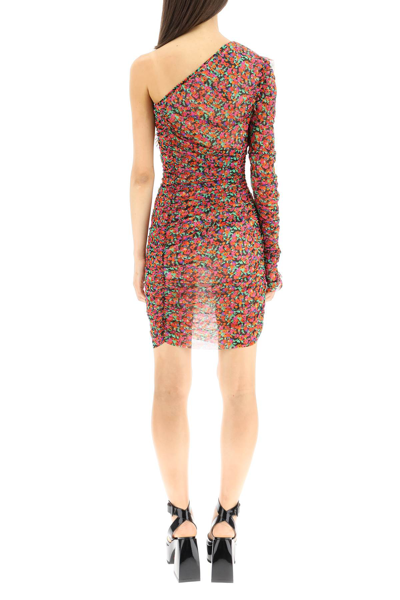 Shop Msgm One-shoulder Mini Dress In Floral Mesh In Multicolor