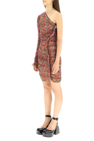 Shop Msgm One-shoulder Mini Dress In Floral Mesh In Multicolor