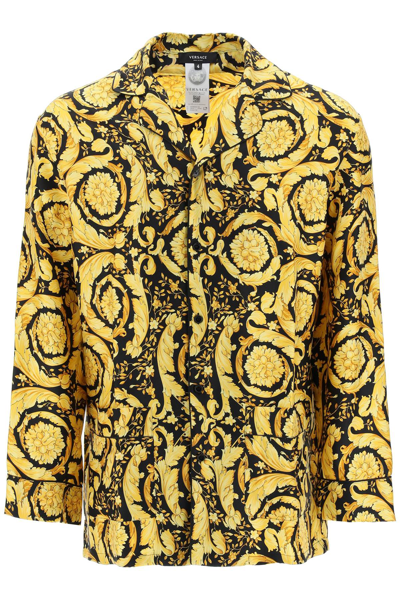 Shop Versace Barocco Print Silk Pajama Shirt In Multicolor