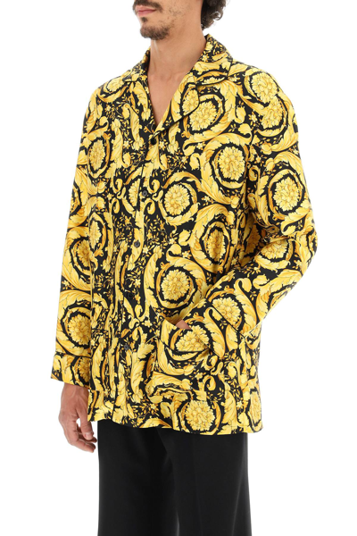 Shop Versace Barocco Print Silk Pajama Shirt In Multicolor