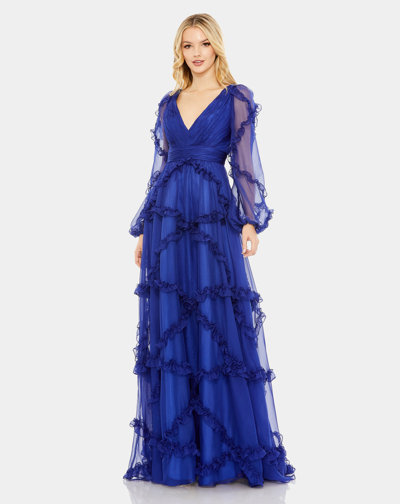Mac Duggal Cascaded Ruffle Puff Sleeve A Line Gown In Sapphire | ModeSens