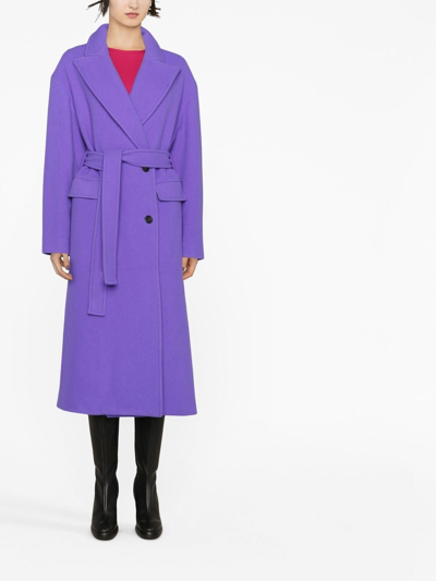 Shop Msgm Belted-waist Midi Coat In Purple