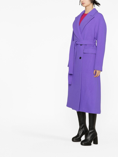 Shop Msgm Belted-waist Midi Coat In Purple