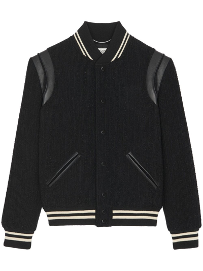 Shop Saint Laurent Teddy 2bandes Varsity Jacket In Black