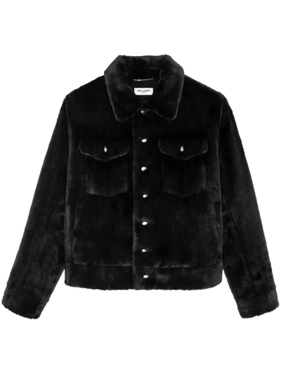 Shop Saint Laurent Faux-fur Detail Trucker Jacket In Black