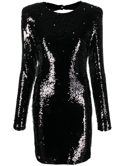 Shop Philipp Plein Long-sleeved Sequin-embellished Dress In Black