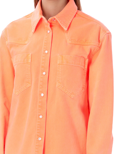 Shop Palm Angels Curved Logo Denim Shirt In Orange